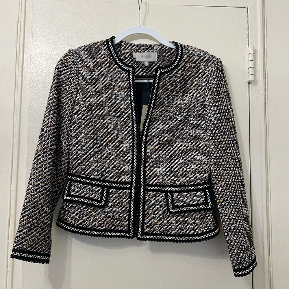 NWT Hobbs London Work Blazer Short Black White Orange Pattern US Size 6